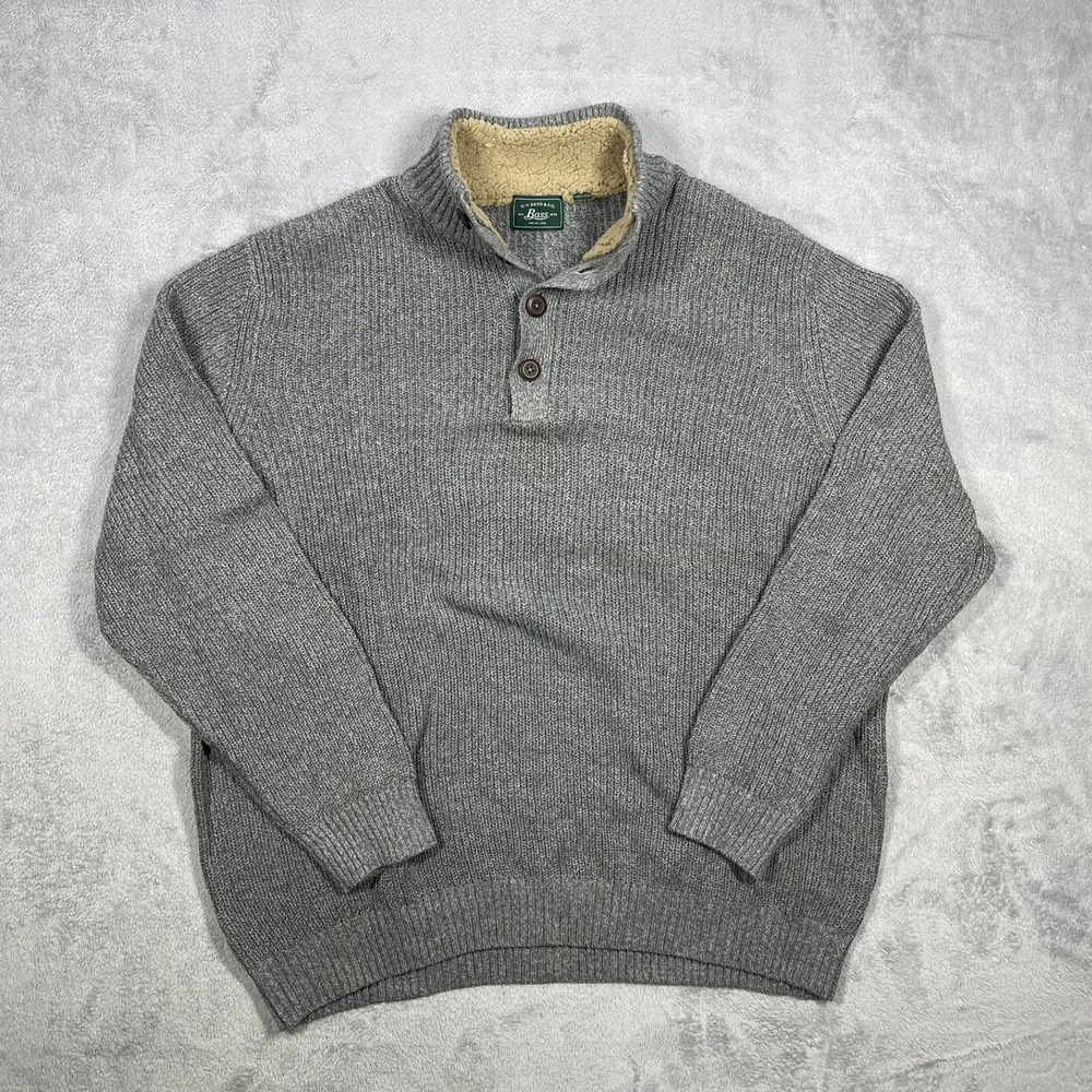 G.H. Bass & Co. Sweater Mens XXL Gray Ribbed Faux Fur Lined Mock Neck Button